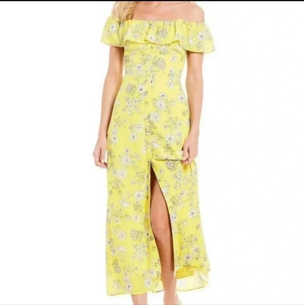 Gianni Bini Aida Floral  Print Off Shoulder Dress Yellow / Ivory Size L NWT